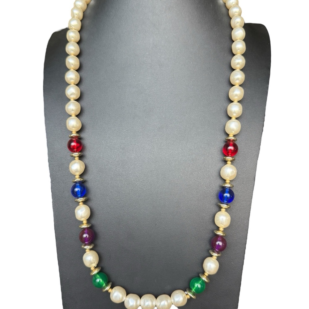 Vintage Long Length Faux Pearl & Multi Color Red Blue Lucite Beaded Necklace